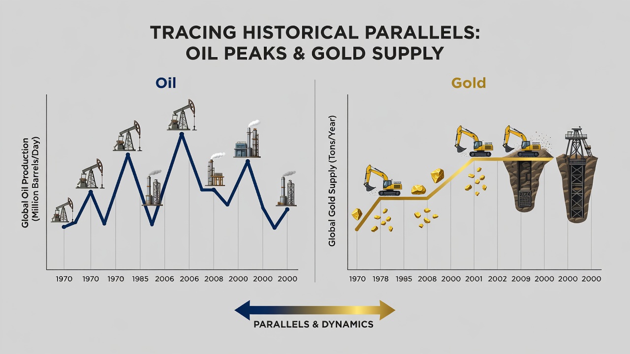 Graph depicting gold mine production trends and reserve depletion patterns from 2000 onward